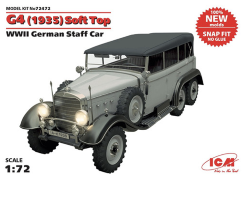 (ICM72472) 1/72 G4 (1935 production) Soft Top, WWII German Staff Car, snap fit/no glue
